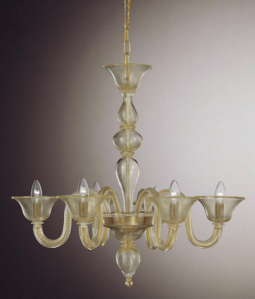 6 light clear Murano glass chandelier with rigadin pattern and 24 carat gold accents