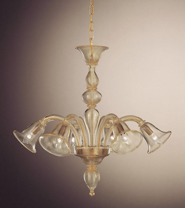 Murano glass 8 light chandelier with rigadin pattern and 24 carat gold