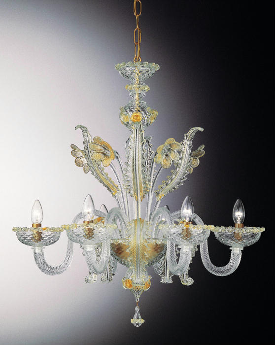 Classic Venetian glass chandelier with 6 lights and hand-worked 24 carat gold accents