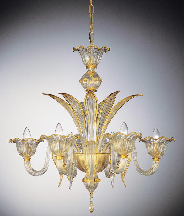 Hand-blown 6 light  Murano glass chandelier with gold and custom color accents