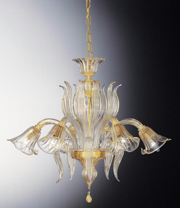 Six light hand-blown Venetian glass leaf chandelier with 24 carat gold