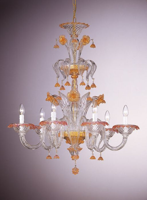 Ornate six light Venetian chandelier with pink and gold decorations