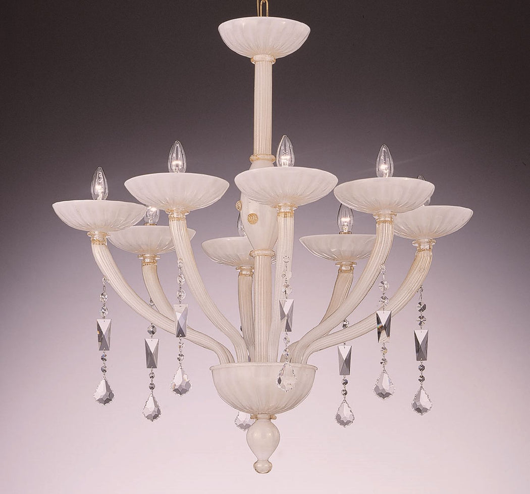 Gorgeous white Murano chandelier with 24 carat gold trim and crystal pendants