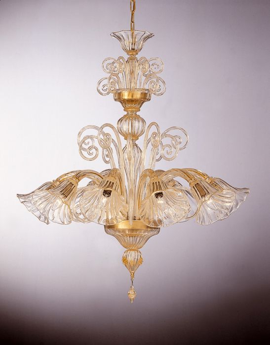 Enchanting eight light clear Murano glass chandelier with many color and size options