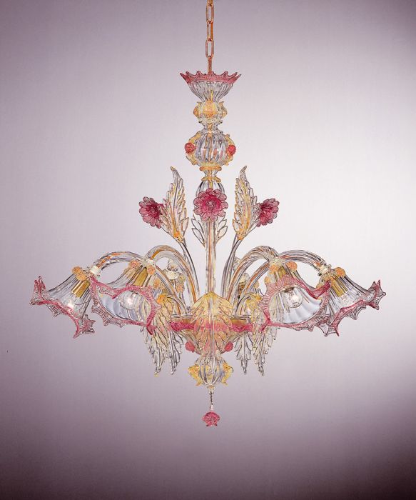 Elaborate six light Murano glass chandelier with flowers in pink and custom colors