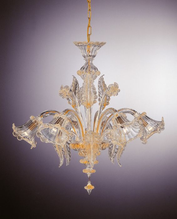 Beautiful transparent six light Murano glass chandelier with 24 carat gold details