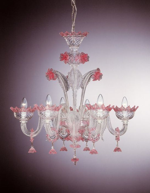 Captivating 6 light Murano cristallo chandelier with custom colored flowers