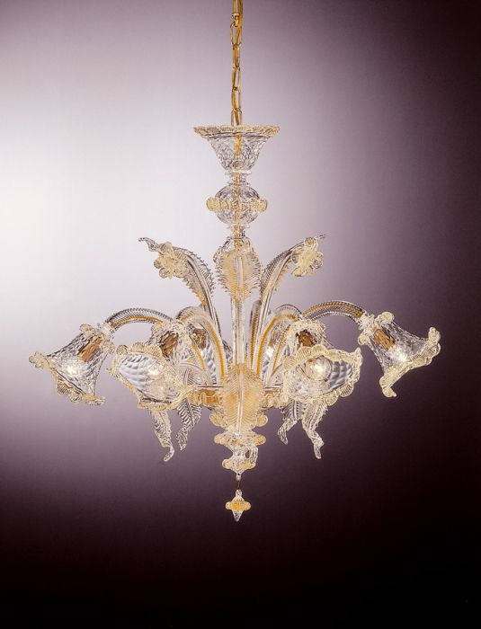 Exquisite 6 Light Murano glass chandelier with golden highlights