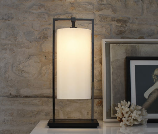 High-end Italian black nickel and dark oak table light with linen diffuser