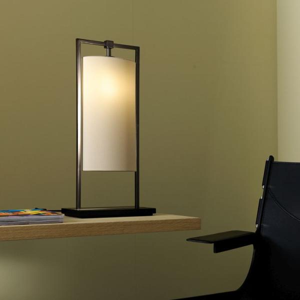 High-end Italian black nickel and dark oak table light with linen diffuser