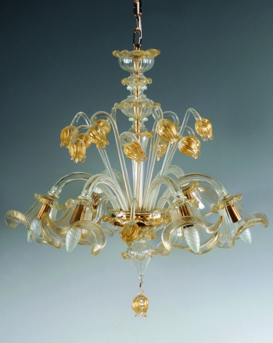 Eight light classic  Murano glass chandelier with 24 carat gold accents