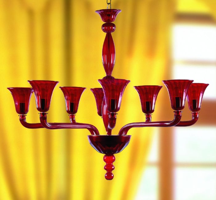 Eight light Art deco style chandelier in a range of custom colors including red