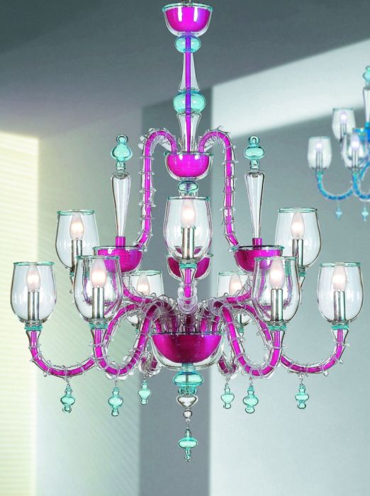 Modern pink and blue Murano glass chandelier in the Rezzonico style