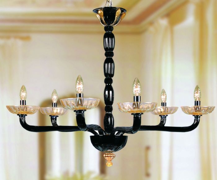 Stunning 6 light art deco chandelier in custom colors with 24 carat gold detailing