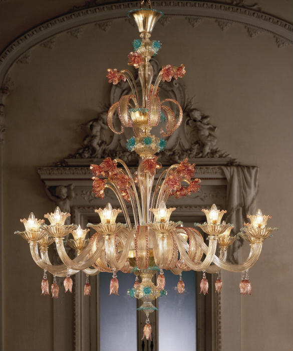 Large ornate ruby, gold & blue 12 light flower chandelier in Murano glass