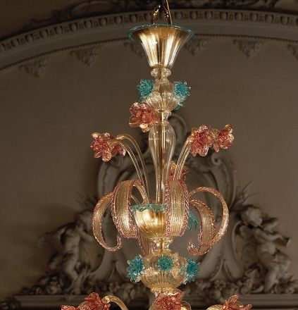 Large ornate ruby, gold & blue 12 light flower chandelier in Murano glass