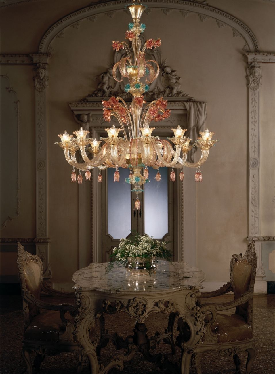 Large ornate ruby, gold & blue 12 light flower chandelier in Murano glass