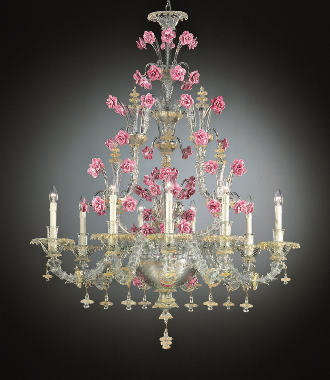 Enchantingly pretty 9 light Venetian glass chandelier with pink roses