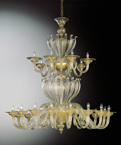 Clear Murano glass chandelier with 24 lights and gold decorations