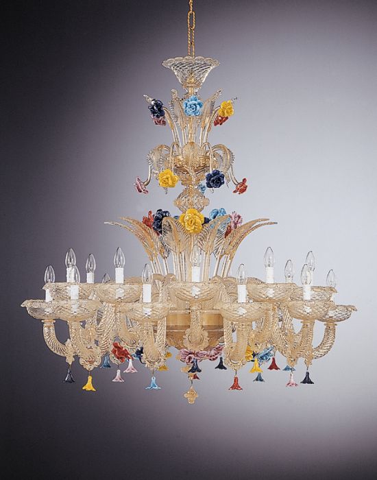 Flamboyant and colorful large Murano glass chandelier with 18 lights