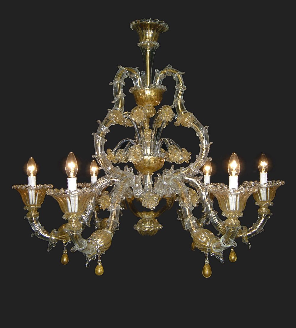 6 light golden  Murano glass chandelier in the Rezzonico style