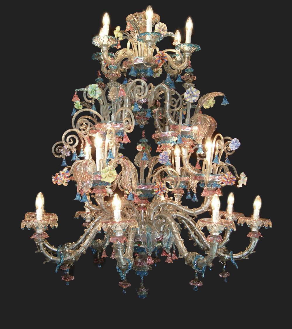 Large 18 light Venetian showcase chandelier with colorful ceramic flowers