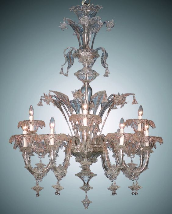 Traditional twelve light Venetian chandelier with gold-infused Murano glass