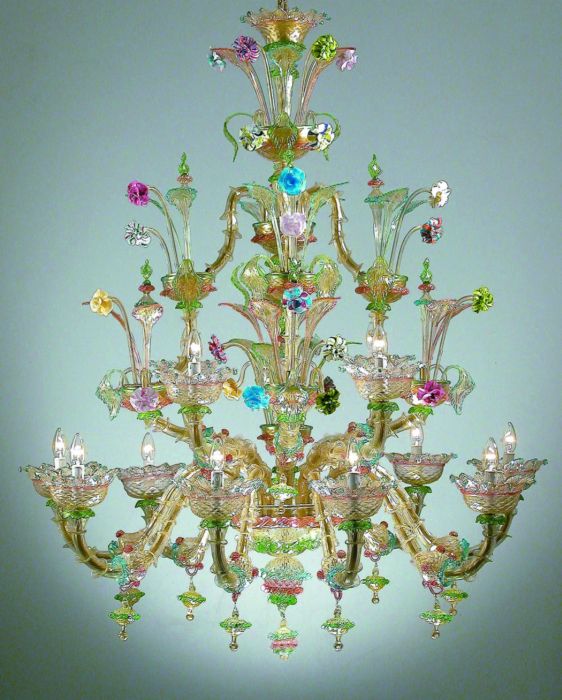 Large hand-blown Venetian chandelier with pretty flowers in bespoke colors
