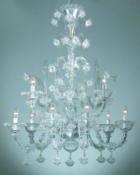 Two tier clear Venetian glass chandelier in the Rezzonico style