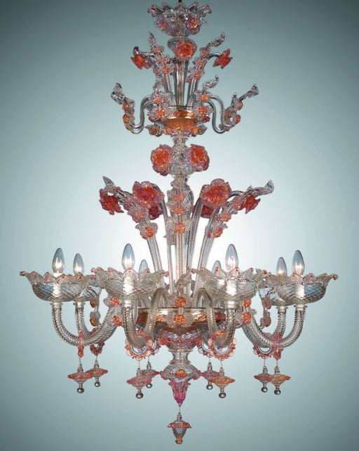 Pretty clear, pink, and gold Murano glass floral chandelier with 8 lights