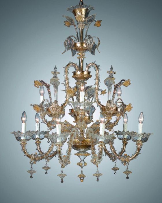 Generously sized clear Rezzonico style Venetian chandelier with 24 carat gold accents