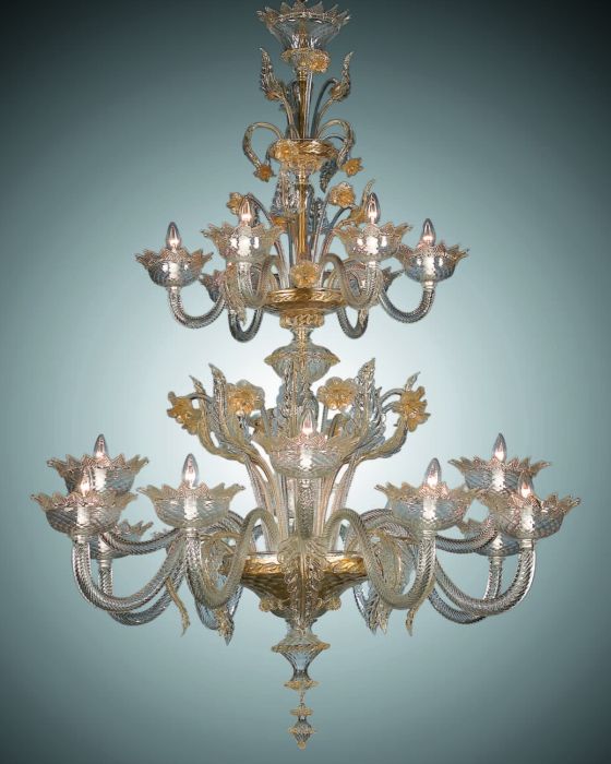 Traditonal large two tier clear Venetian chandelier with 24 carat gold accents
