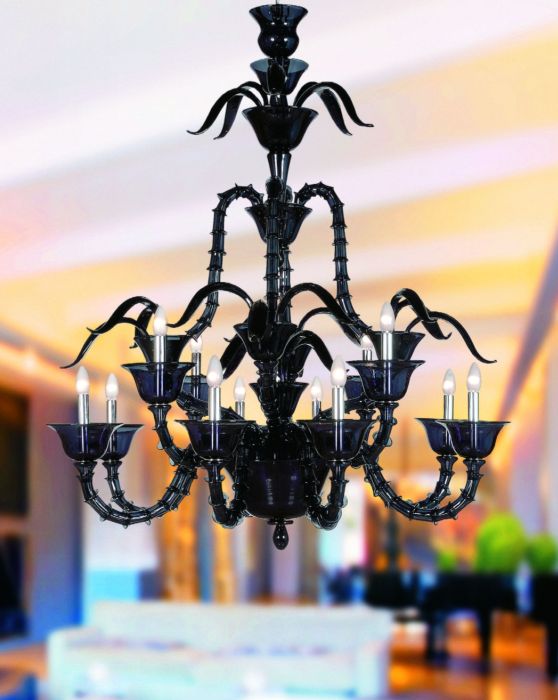 Dramatic black modern Murano glass chandelier in the Rezzonico style