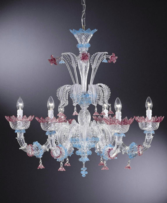 Enchanting Venetian glass flower chandelier with pink and blue decoration
