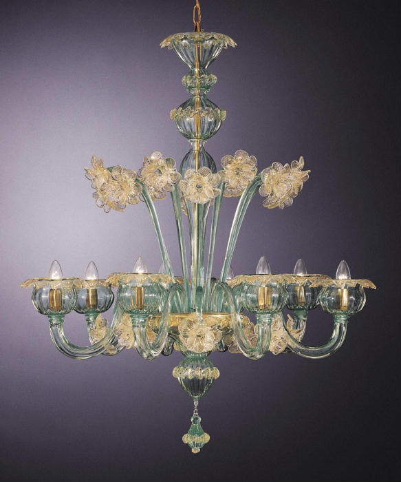 Exquisite clear and green Venetian chandelier with Murano glass floral decoration