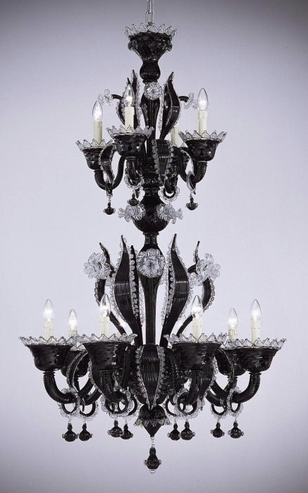 Sophisticated black traditional Venetian chandelier with clear Murano glass trim