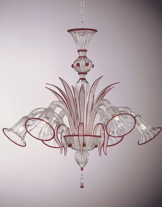 Attractive classic clear Murano glass chandelier with bespoke colour trim and 6 lights