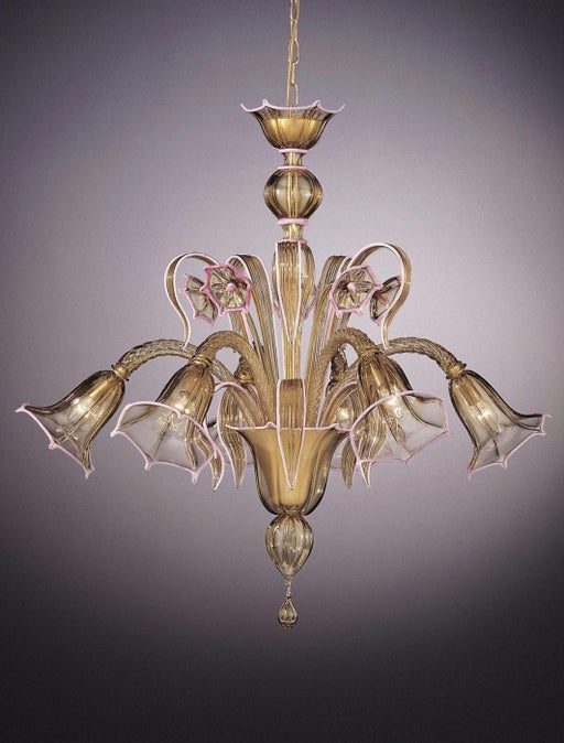 Amber Murano glass chandelier with custom colour trim and 6 lights