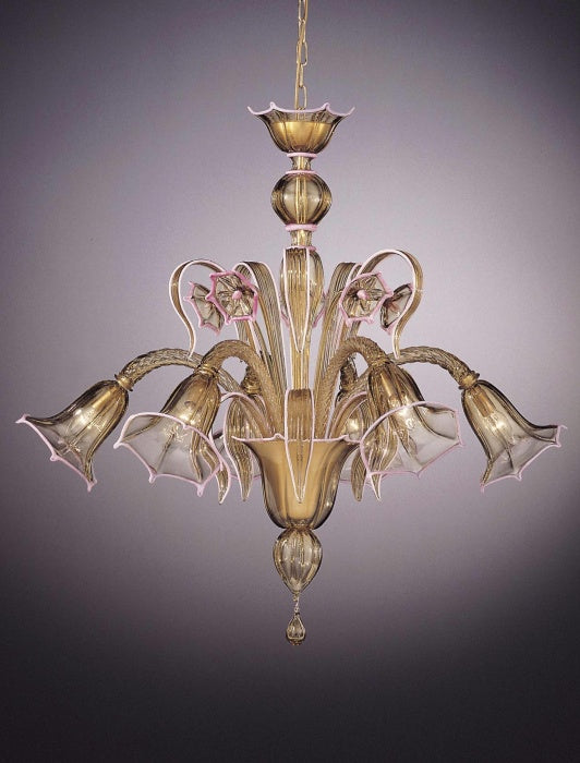 Amber Murano glass chandelier with custom colour trim and 6 lights
