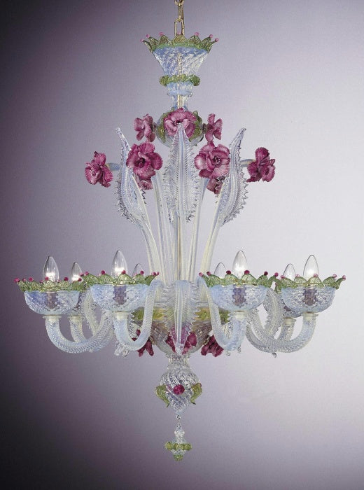 Captivating 8 light Murano glass chandelier with pink ceramic flowers