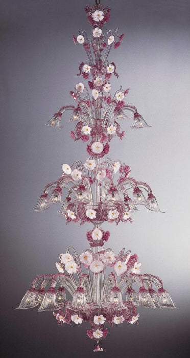 Graceful 3 metre Murano glass stairwell chandelier with  flowers in bespoke colors