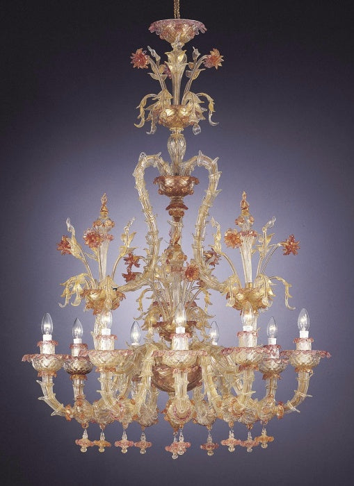Magnificent large 'Tutto Oro' Rezzonico chandelier in clear Murano glass and pure gold