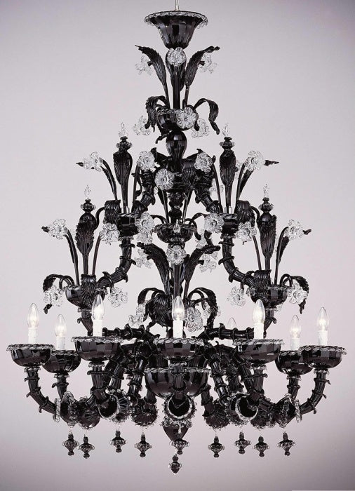 A fabulous black and clear Venetian glass chandelier in the classic Rezzonico style
