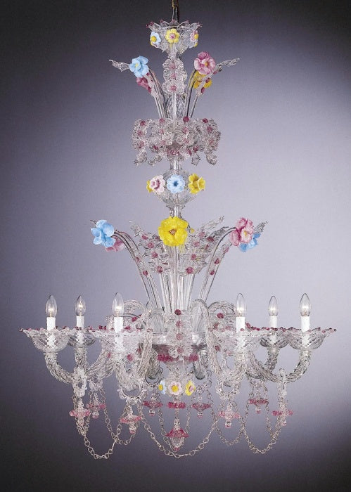Beautiful clear Venetian chandelier with ceramic flowers in custom colors