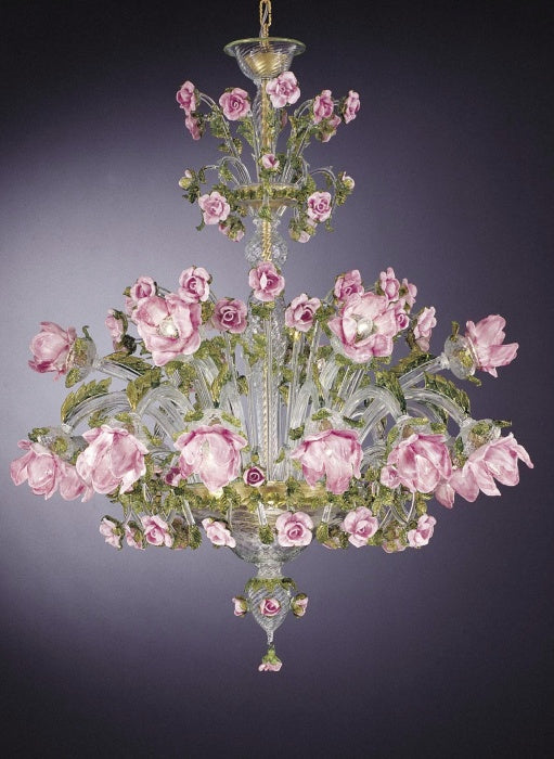 Magnificent 18 light Venetian chandelier with pretty pink and green flower decoration