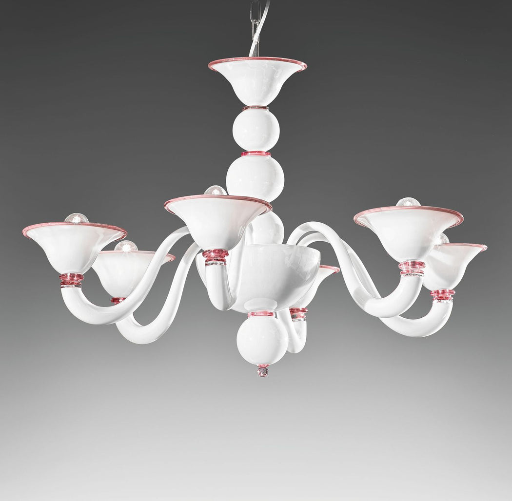 Large white contemporary Murano glass chandelier with choice of color trim