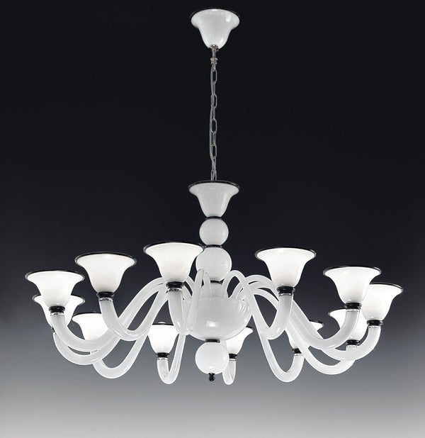Large white contemporary Murano glass chandelier with choice of color trim