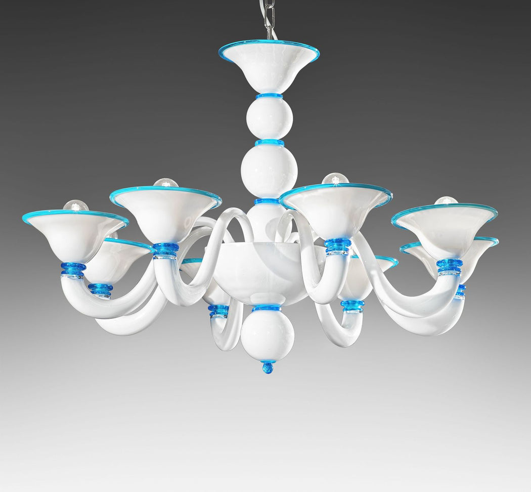 Large white contemporary Murano glass chandelier with choice of color trim