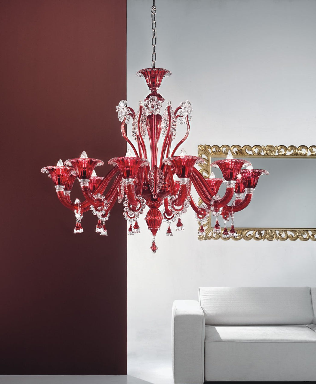Twelve light Murano glass chandelier in custom colors  with matching lamps