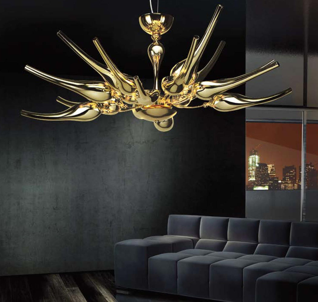 Modern metre wide glass art chandelier with metallic gold or chrome finish